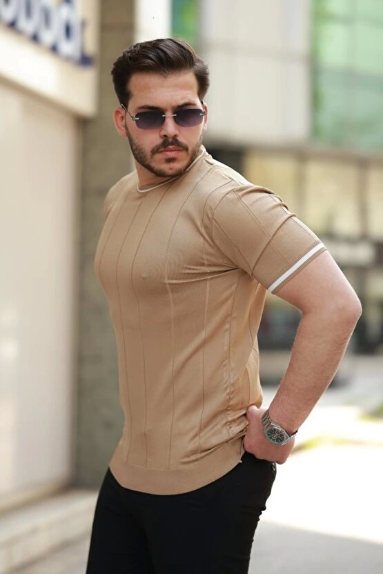 Erkek Bisiklet Yaka çizgi Desenli Ribanalı Kısa Kollu Tshirt