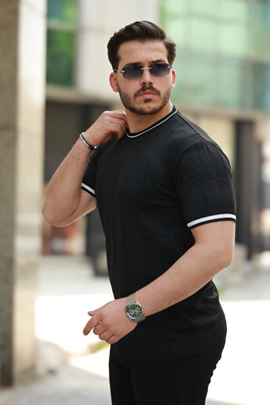 eyesof Erkek Bisiklet Yaka çizgi Desenli Ribanalı Kısa Kollu Tshirt