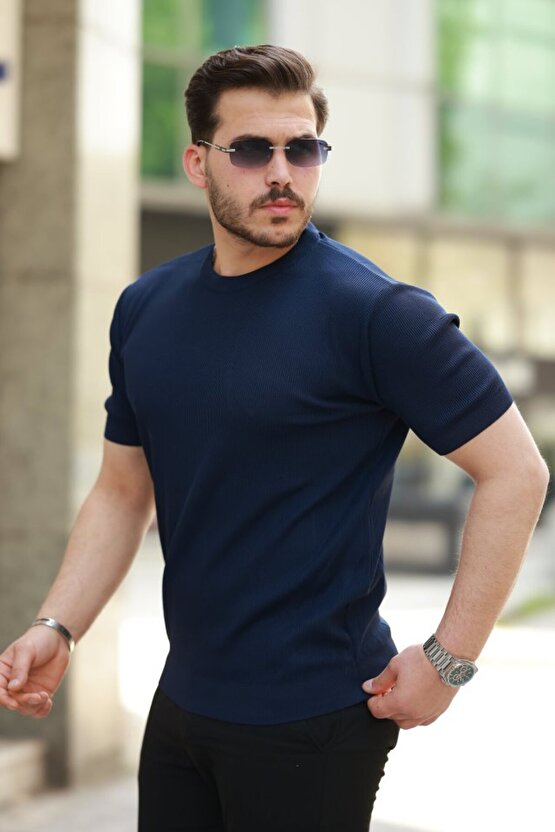 Erkek Bisiklet Yaka Jakarlı Kısa Kollu Tshirt