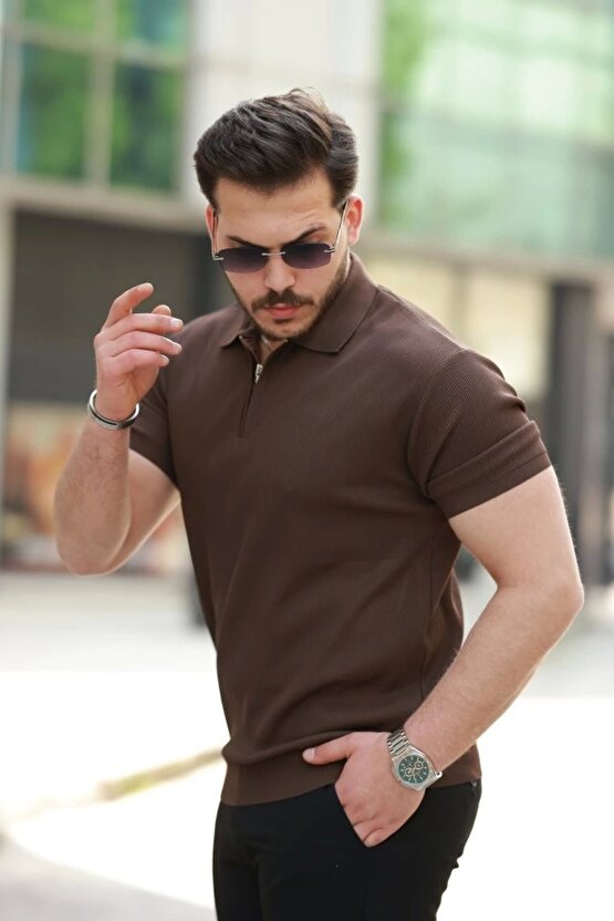 Erkek Fermuarlı Yakalı Kısa Kollu Tshirt