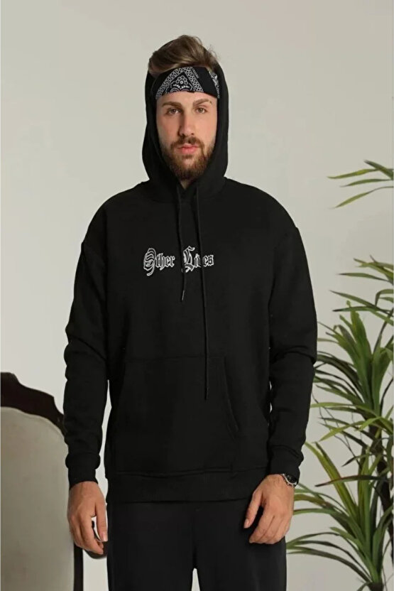 eyesof Erkek Sırt Baskılı Oversize Üç İplik Kapüşonlu Sweatshirt - Siyah