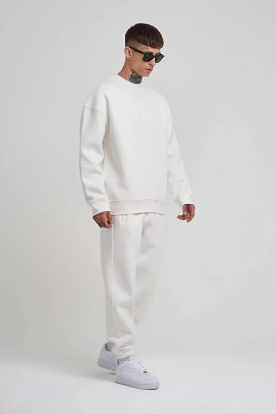 eyesof Unisex Biskilet Yaka Üç İplik SweatShirt - Beyaz