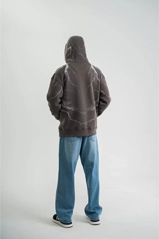 eyesof Double Oversize Kapşonlu Şimşek Pano Baskılı SweatShirt - Füme