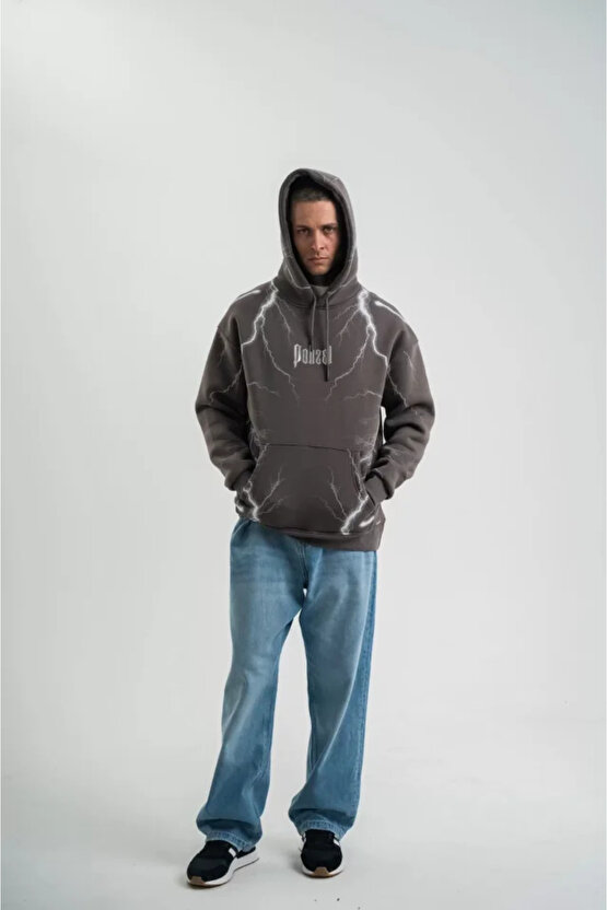 eyesof Double Oversize Kapşonlu Şimşek Pano Baskılı SweatShirt - Füme