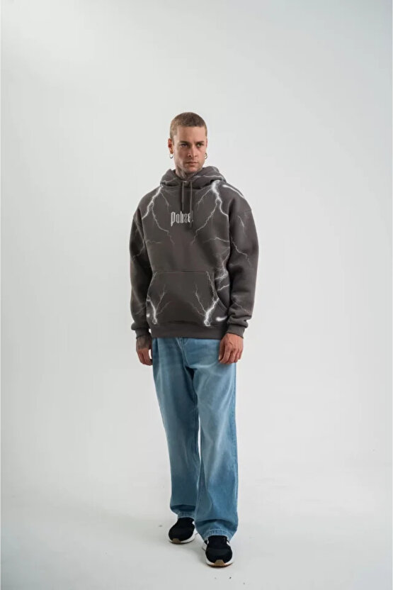eyesof Double Oversize Kapşonlu Şimşek Pano Baskılı SweatShirt - Füme