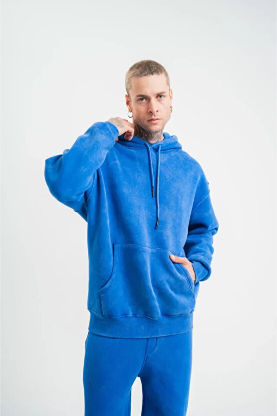 eyesof Unisex Double Oversize Kapşonlu Yıkamalı SweatShirt - Mavi