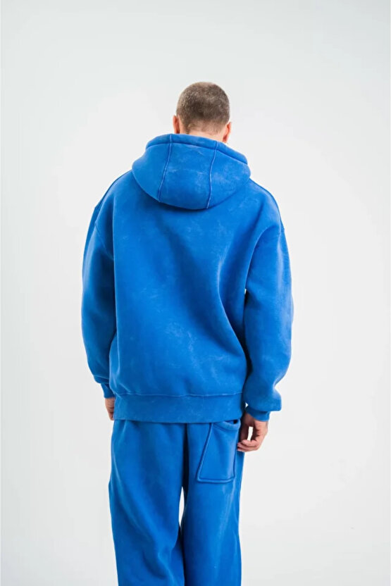 eyesof Unisex Double Oversize Kapşonlu Yıkamalı SweatShirt - Mavi