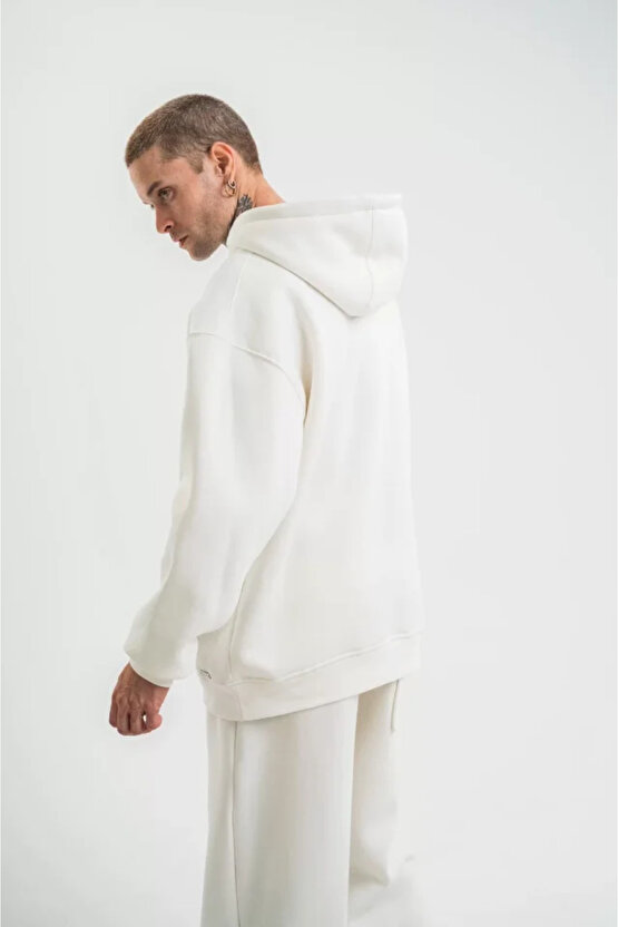 eyesof Unisex Double Oversize Kapşonlu Basic SweatShirt - Beyaz