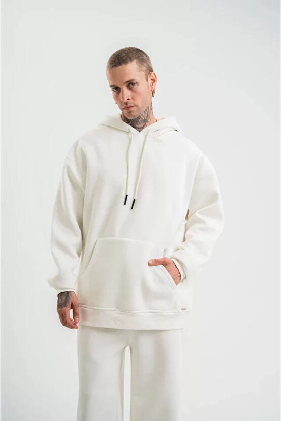 eyesof Unisex Double Oversize Kapşonlu Basic SweatShirt - Beyaz