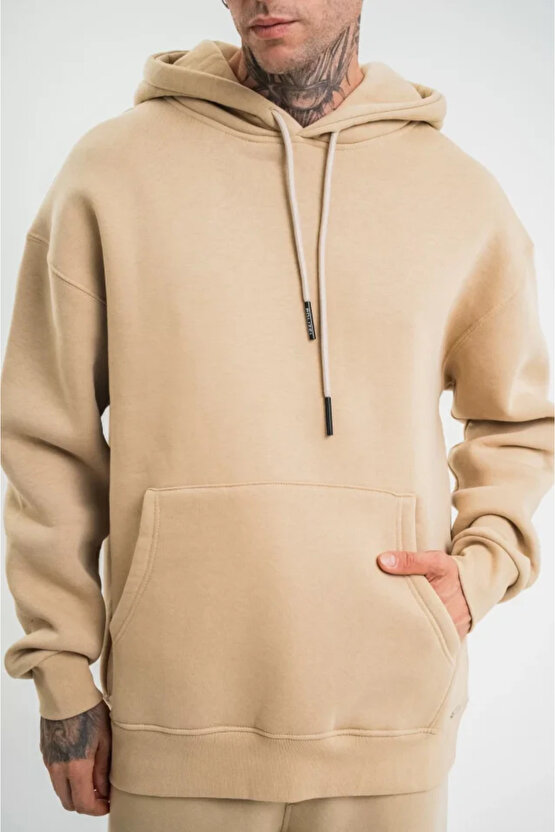 eyesof Unisex Double Oversize Kapşonlu Basic SweatShirt - Bej