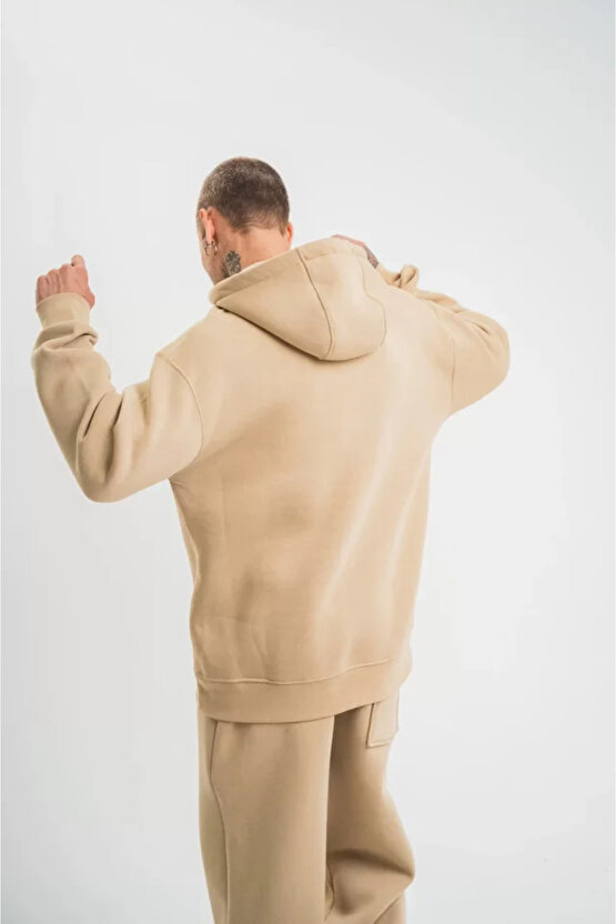 eyesof Unisex Double Oversize Kapşonlu Basic SweatShirt - Bej