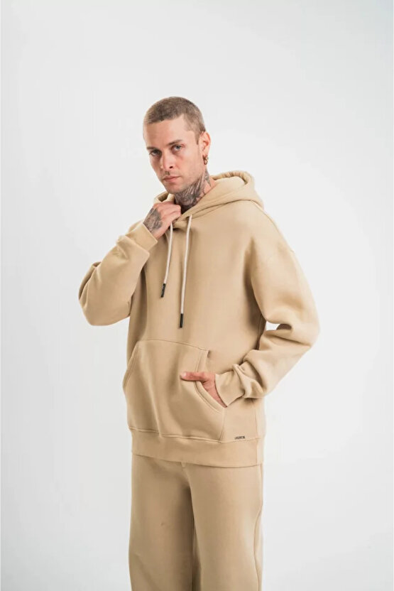 eyesof Unisex Double Oversize Kapşonlu Basic SweatShirt - Bej
