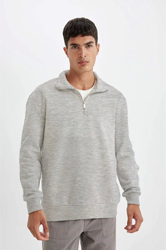 eyesof Unisex Uzun Kol Yarım Farmuarlı Yakalı Basic SweatShirt - Gri