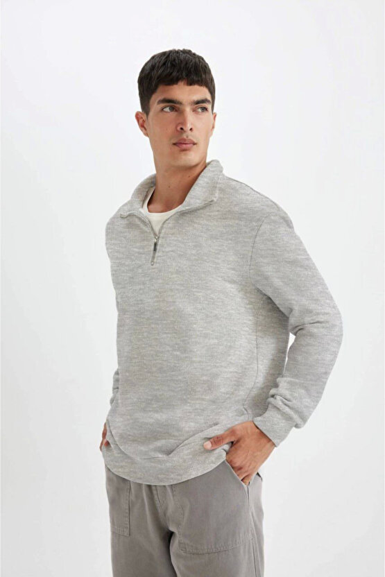 eyesof Unisex Uzun Kol Yarım Farmuarlı Yakalı Basic SweatShirt - Gri