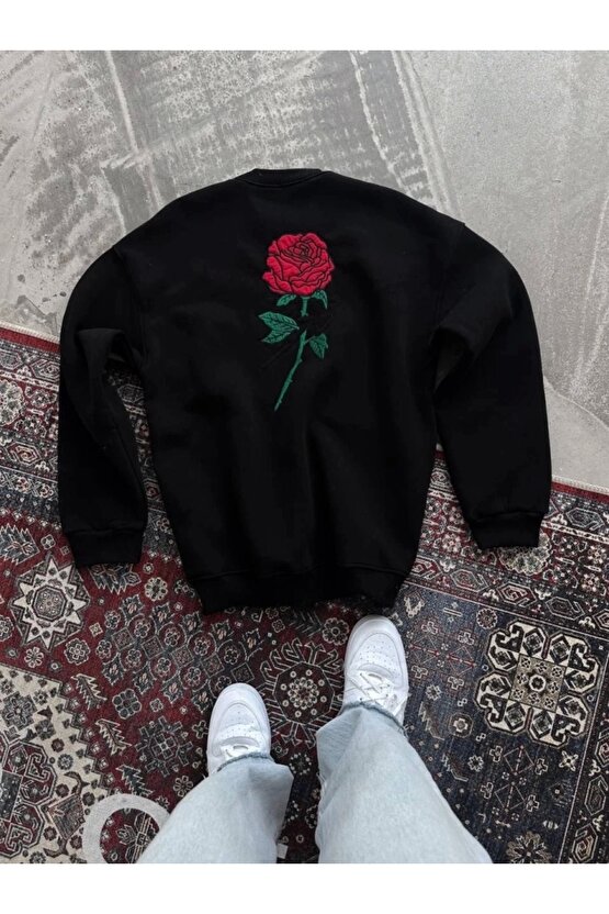 Unisex Bisiklet Yaka Ön Ve Arka Baskılı SweatShirt - Siyah