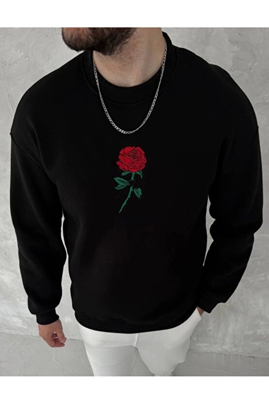 Unisex Bisiklet Yaka Ön Ve Arka Baskılı SweatShirt - Siyah