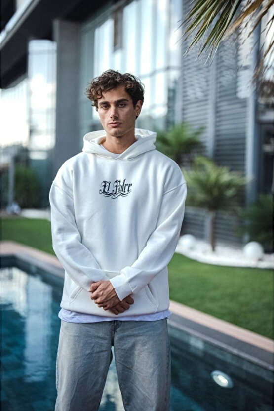 eyesof Üç İplik Penye Kapşonlu Baskılı SweatShirt - Beyaz