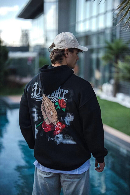 eyesof Üç İplik Penye Kapşonlu Baskılı SweatShirt - Siyah