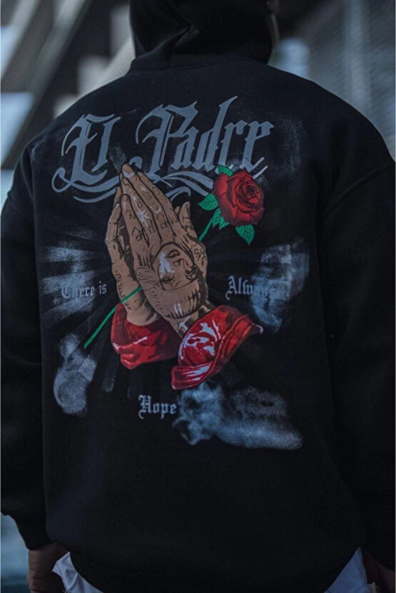 eyesof Üç İplik Penye Kapşonlu Baskılı SweatShirt - Siyah