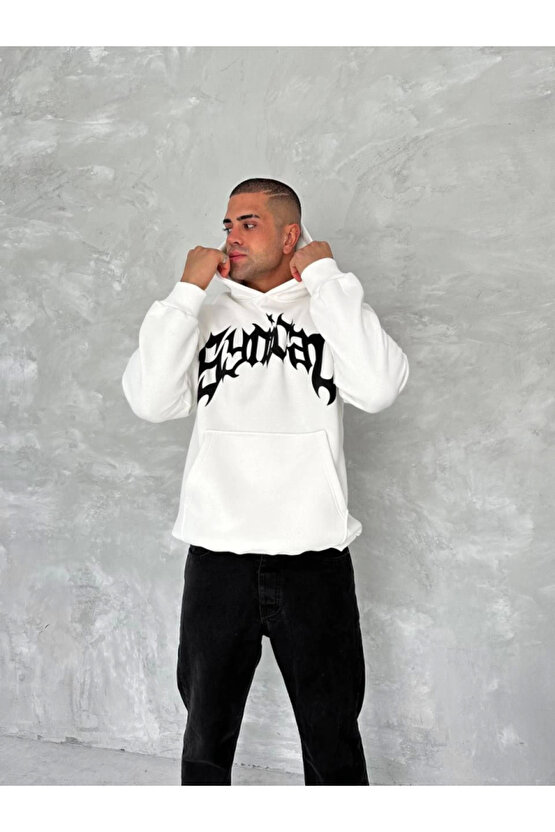 eyesof Unisex Üç İplik Kapşonlu Baskılı SweatShirt - Beyaz