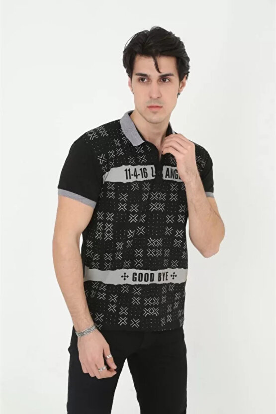 eyesof Erkek Yakalı Slim Fit Baskılı T-Shirt - Siyah