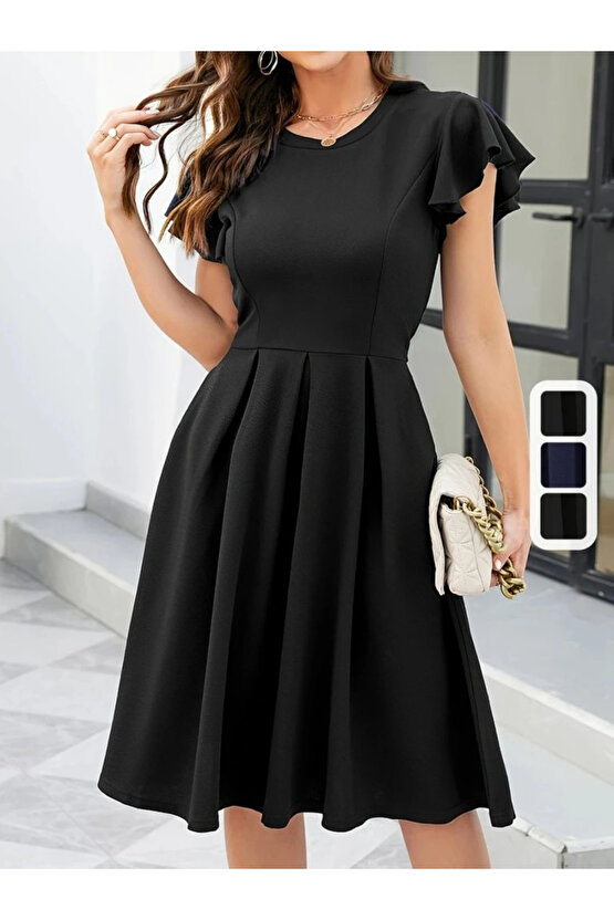 Kadın Kelebek Kollu Bisiklet Yakalı Pileli Ithal Krep Elbise