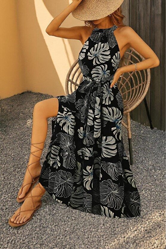 Kadın Kolsuz Halter Yaka Beli Lastikliotantik Desenli Mikro Kumaş Elbise