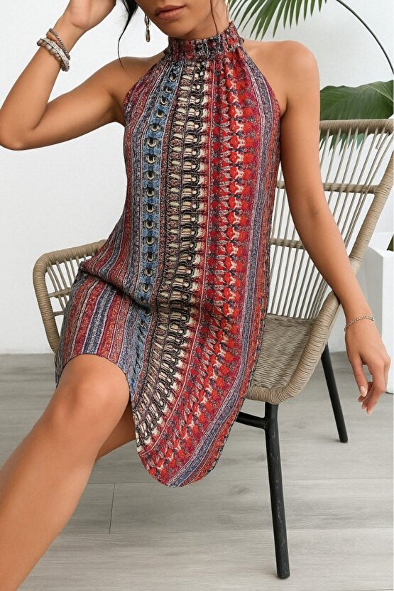 eyesof Kadın Kolsuz Boyundan Askılı Desenli Midi Süprem Elbise