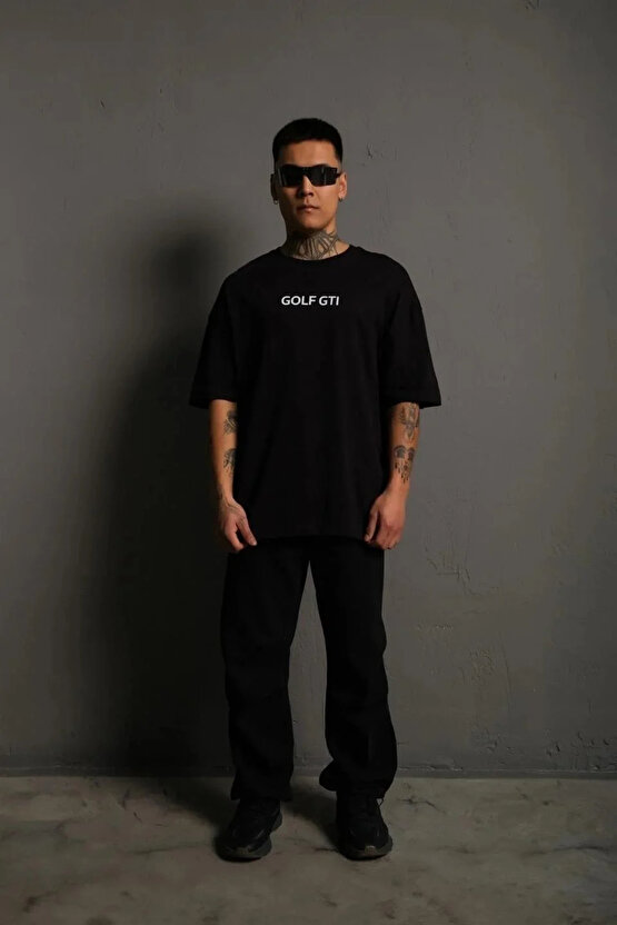 Erkek Sırt Golf Baskılı Oversize T-shirt - Siyah