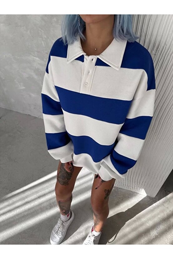 Unisex Üç İplik Parçalı Yakalı SweatShirt - Mavi