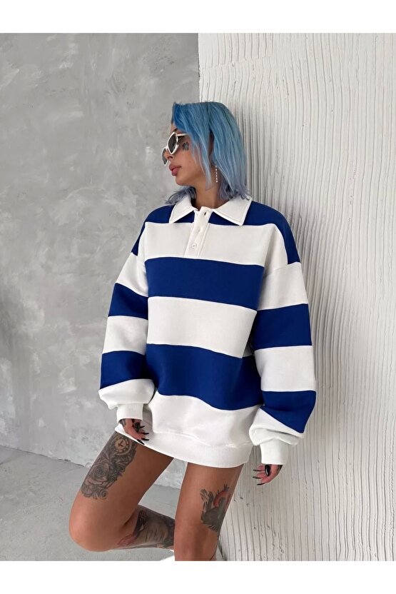 Unisex Üç İplik Parçalı Yakalı SweatShirt - Mavi