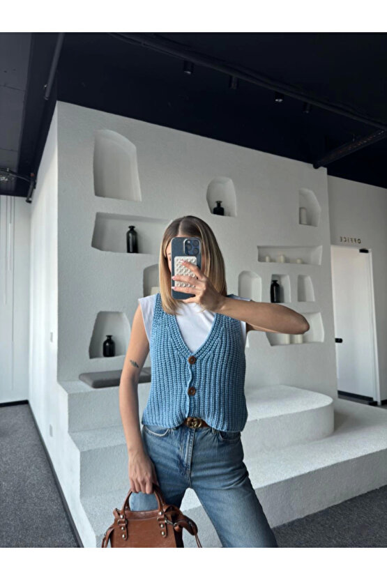 eyesof Triko Kolsuz Düğmeli Yelek - Mavi