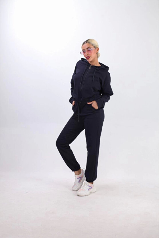 eyesof Iki Iplik Kapüşonlu Fermuarlı Crop Oversize Hırka Takım- Lacivert