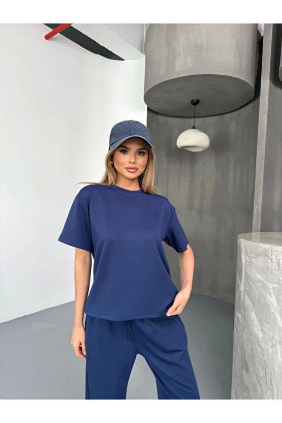 eyesof Osy Modal Yumuşak Dokulu Kumaş Kısa Kollu Bluz Rahat Pantalon Ikili Takım- Lacivert