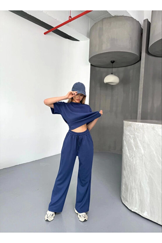 eyesof Osy Modal Yumuşak Dokulu Kumaş Kısa Kollu Bluz Rahat Pantalon Ikili Takım- Lacivert