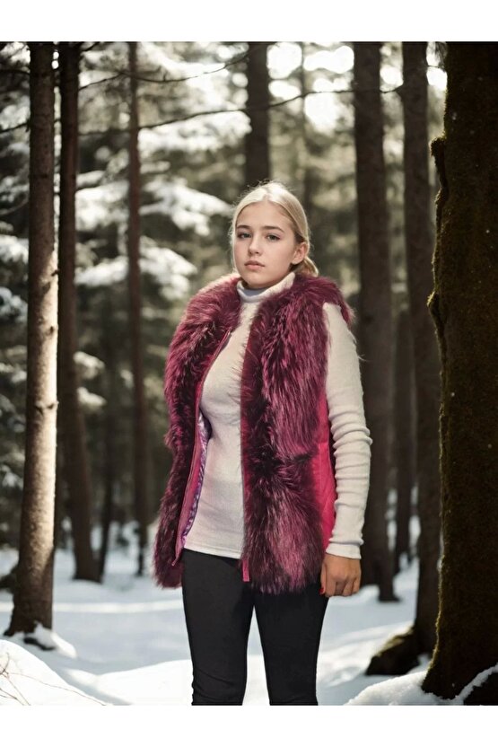 Kadın Kolsuz Hakiki Yelek - Fuşya