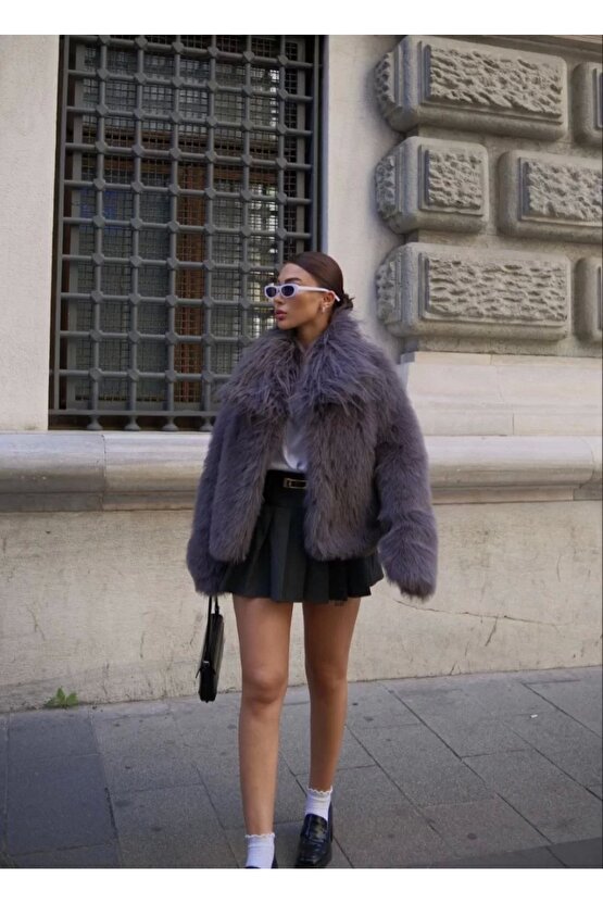 Salaş Sakallı Yumuşak Dokulu Yakalı Cepli Suni Kürk - füme