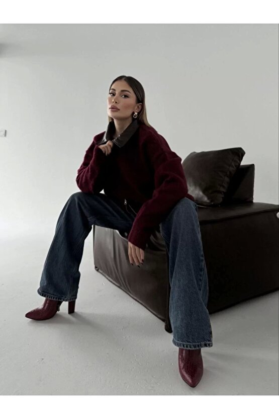 Deri Yakalı Pamuk dokulu Çift Taraflı Çalışan Fermuar Ceket - Bordo