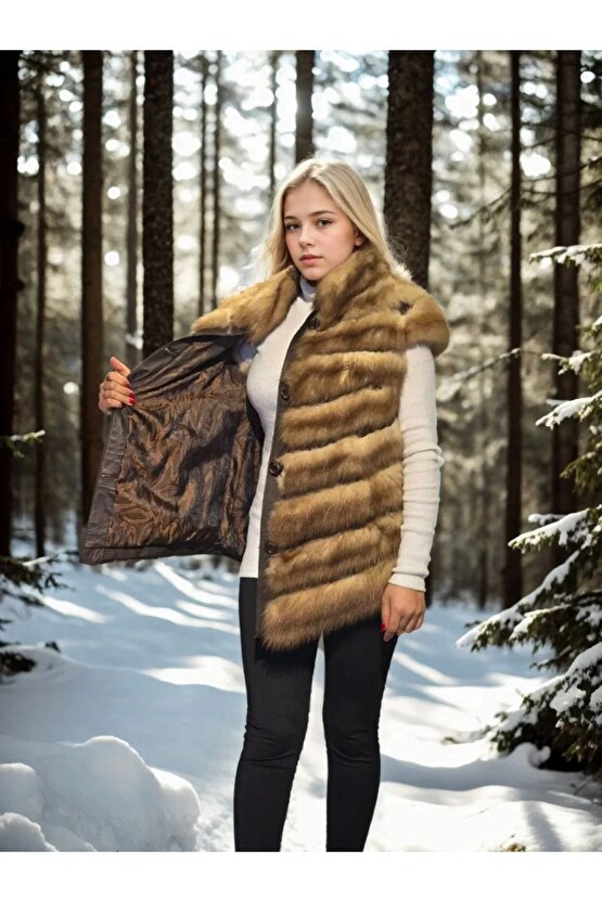 Kadın Kolsuz Hakiki Kürk - Kahve