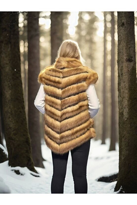 Kadın Kolsuz Hakiki Kürk - Kahve