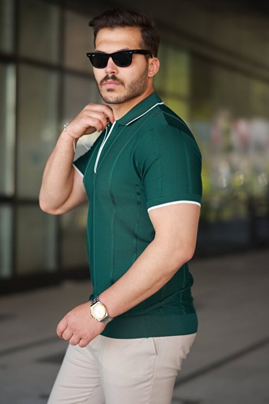 Erkek Dikey Kabartmalı Örgü Dokulu Fermuar Yakalı Tişört