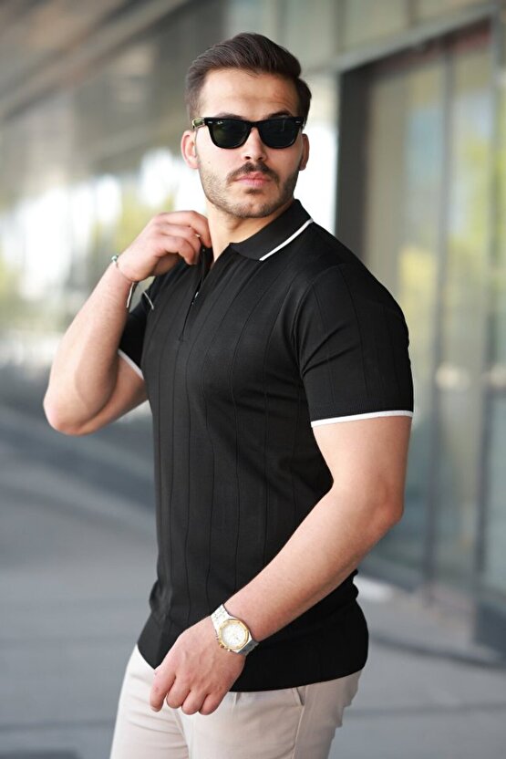 eyesof Erkek Fermuar Yakalı çizgi Dokulu Kısa Kollu Tişört