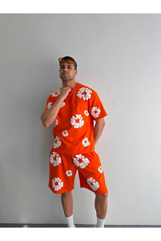 eyesof İki İplik Kumaş Baskılı T-shirt Şortlu Takım- Turuncu
