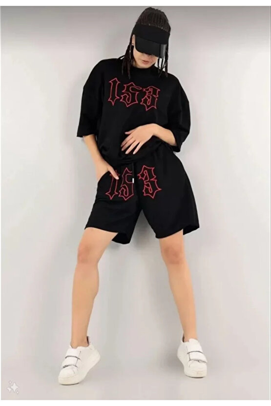 eyesof Unisex Nakış İşlemeli Şort Takım - Siyah