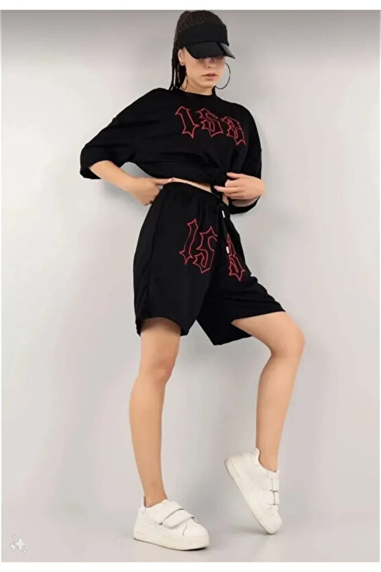 eyesof Unisex Nakış İşlemeli Şort Takım - Siyah