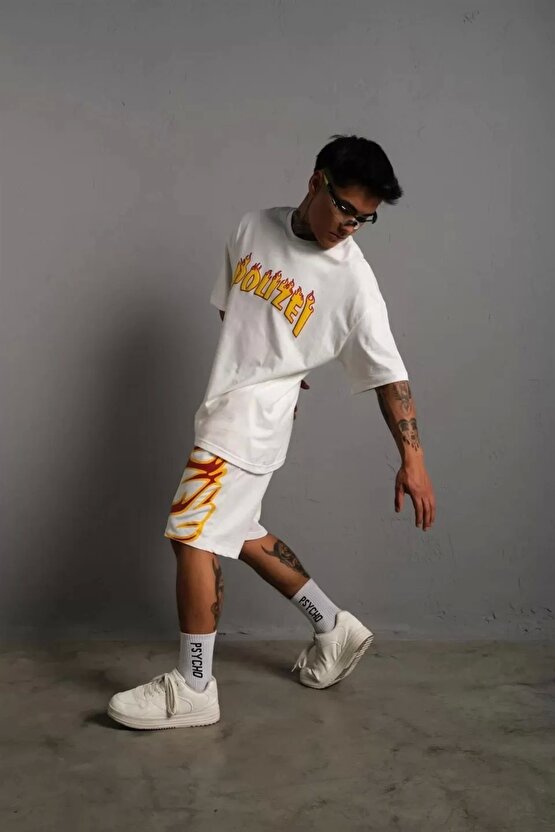 Erkek Alev Baskılı İkili Şortlu Takım - Beyaz