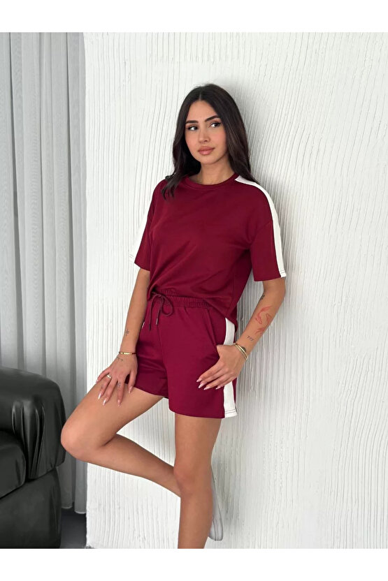 Osy Modal yumuşak dokulu Kumaş Kadın Parçalı Bisiklet Yaka T-shirt Kısa Şort İkili Takım - Bordo