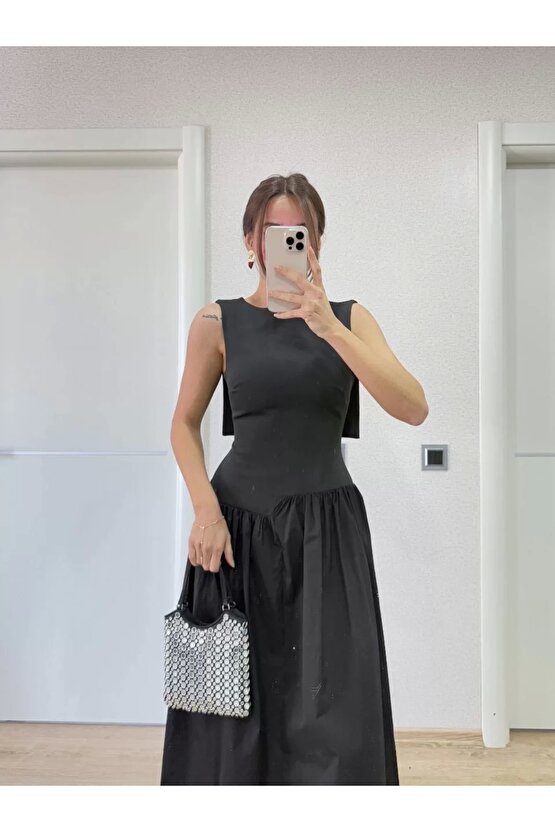 Krep Arkası Kanat Arka Ön Pens Detaylı Uzun Kadın Elbise - Siyah