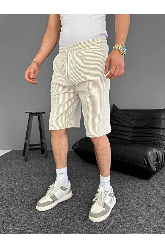Su Yolu Çizgili Ön Arka Cepli Şort Yazlık Nefes Alabilir - Bej