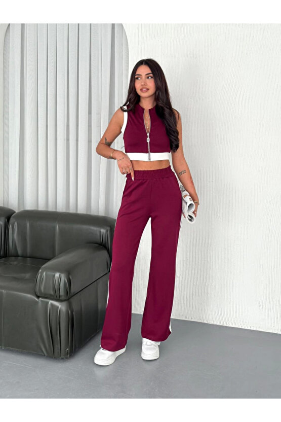 eyesof Osy Modal Yumuşak Dokulu Kumaş Tam Fermuarlı Crop Pantalon İkili Takım - Bordo